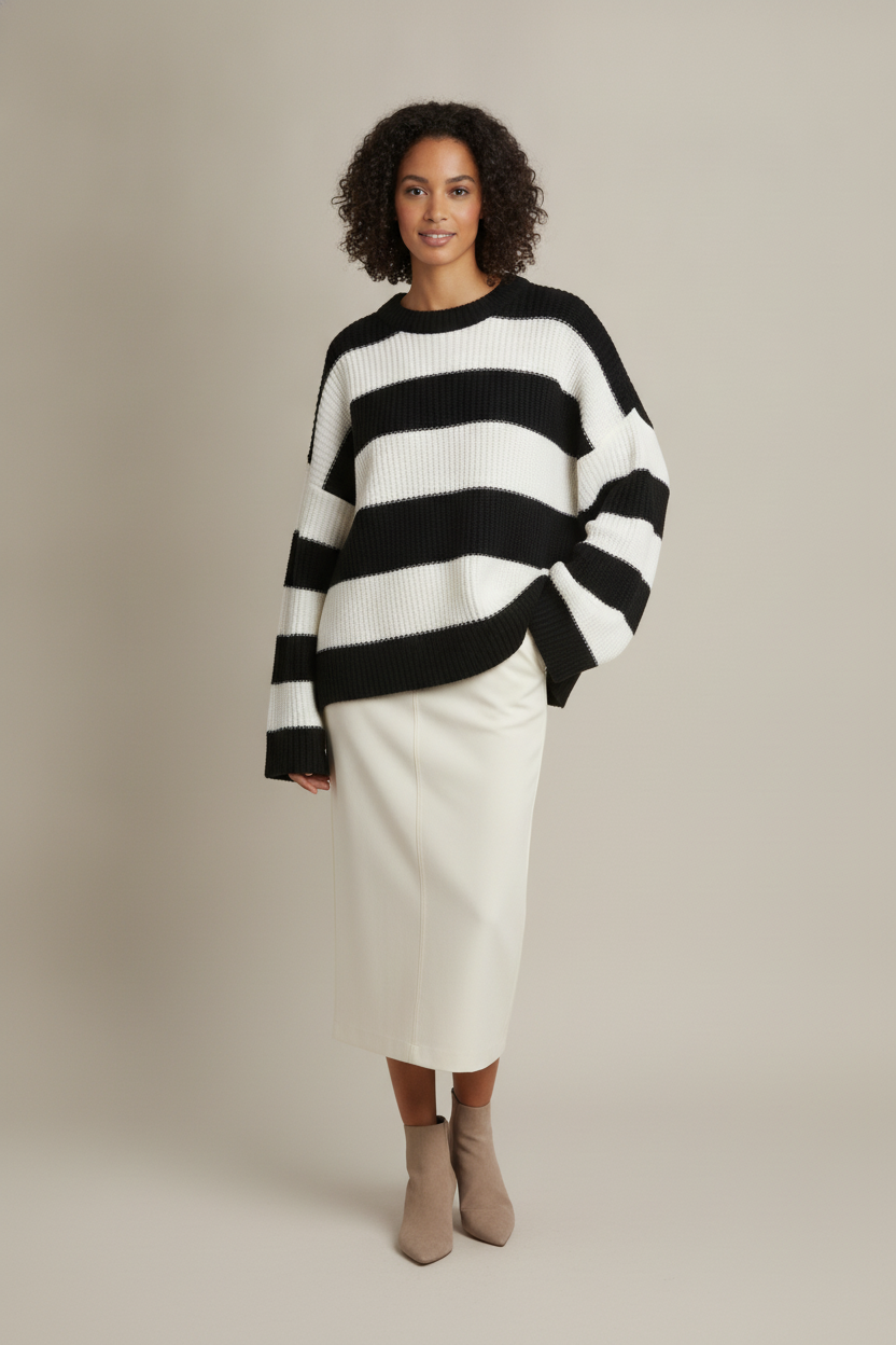 Gestreepte Trui Dames – Oversized Gebreide Trui met Ronde Hals — Kalea – Zwart – vooraanzicht
