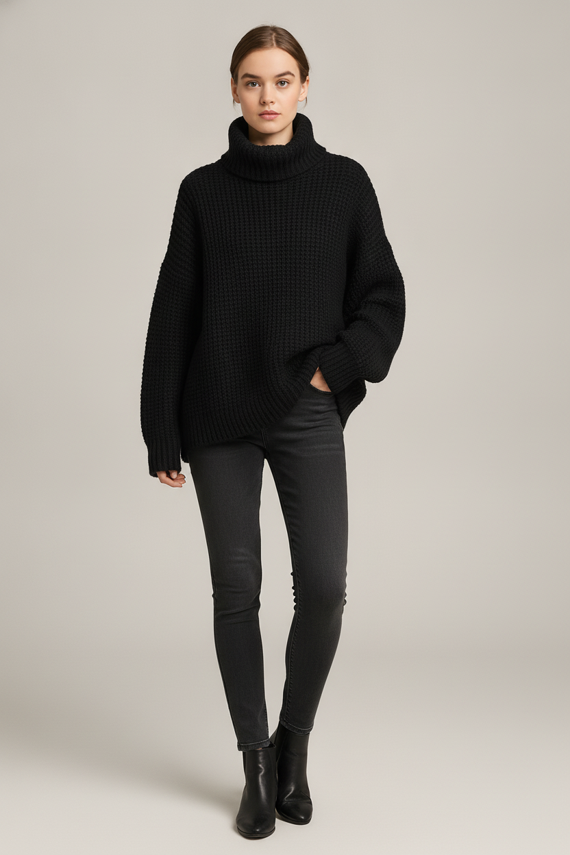 Coltrui Dames met Wafelstructuur – Oversized Gebreide Trui — Leontine – Zwart – vooraanzicht