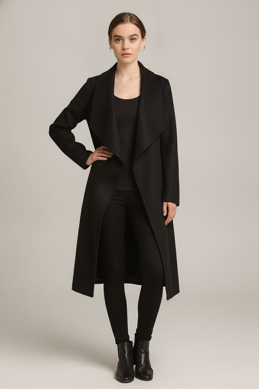 Lange Jas Dames met Watervalkraag – Open Mantel in Wollook — Nalani – Zwart – vooraanzicht