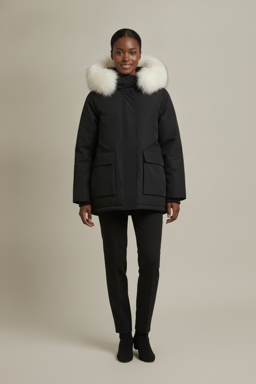Winterjas Dames met Bontkraag Capuchon – Korte Parka — Quilla – Zwart – vooraanzicht