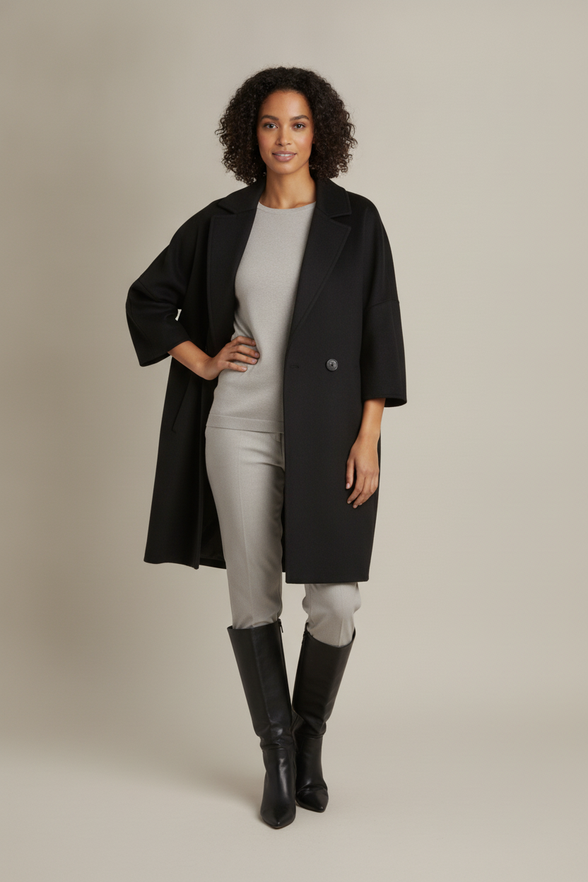Halflange Jas Dames Double Breasted – Mantel in Wollook — Xenia – Zwart – vooraanzicht