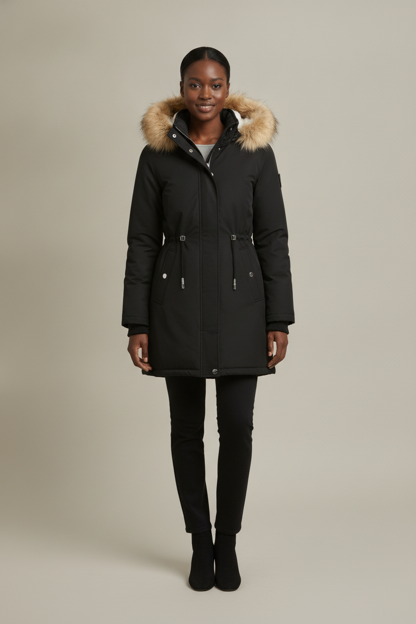 Parka Dames met Bontcapuchon – Gevoerde Winterjas — Alessia – Zwart – vooraanzicht