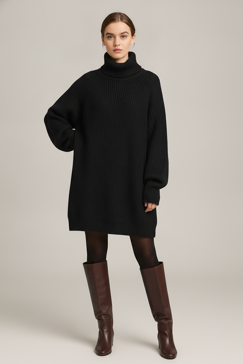Truijurk Dames met Col – Oversized Ribgebreid — Ysolde – Zwart – vooraanzicht