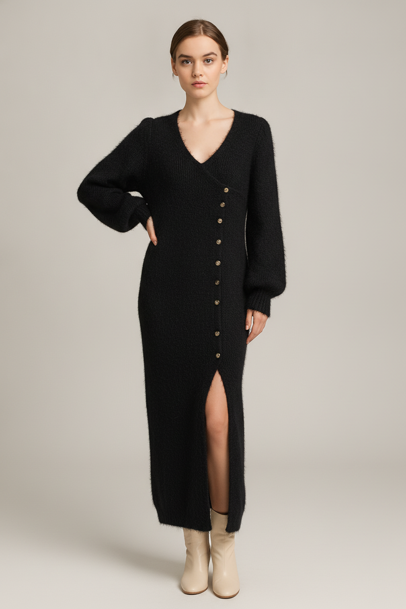 Lange Gebreide Jurk Dames met V-hals – Maxi Model met Split — Vesna – Zwart – vooraanzicht