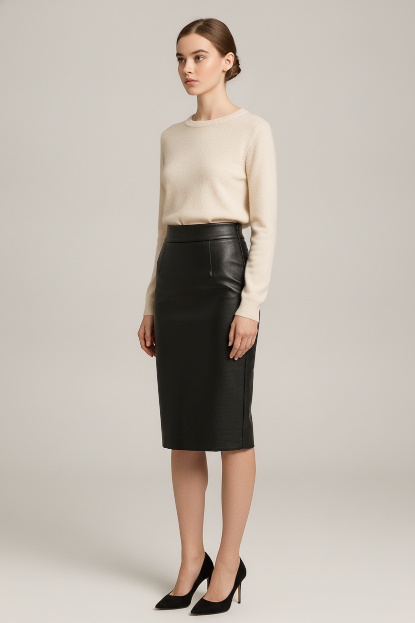 Kokerrok Dames in Leerlook – Midi Lengte met Hoge Taille — Avelina – Zwart – vooraanzicht