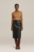 Midi Rok Dames in Leerlook met Split – Recht Model — Solveig – Zwart – vooraanzicht