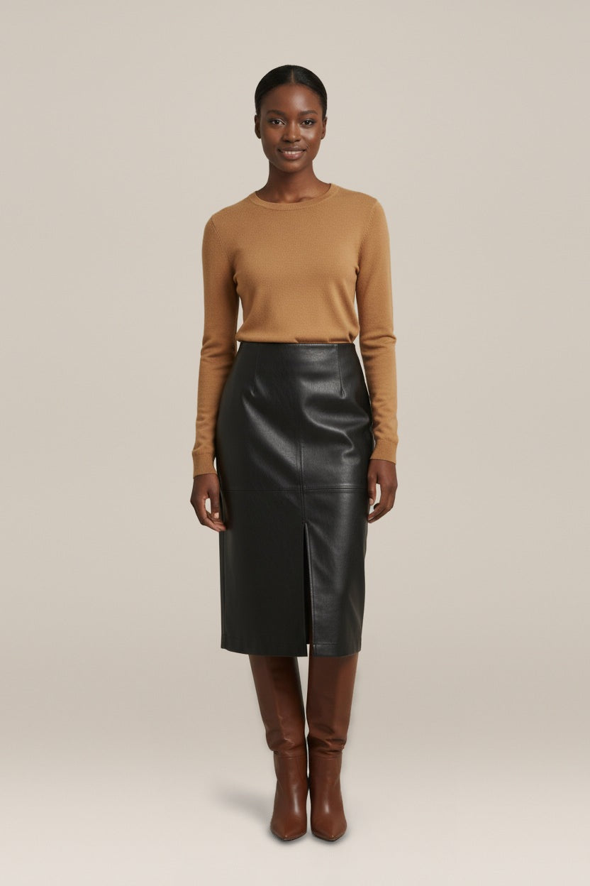 Midi Rok Dames in Leerlook met Split – Recht Model — Solveig – Zwart – vooraanzicht
