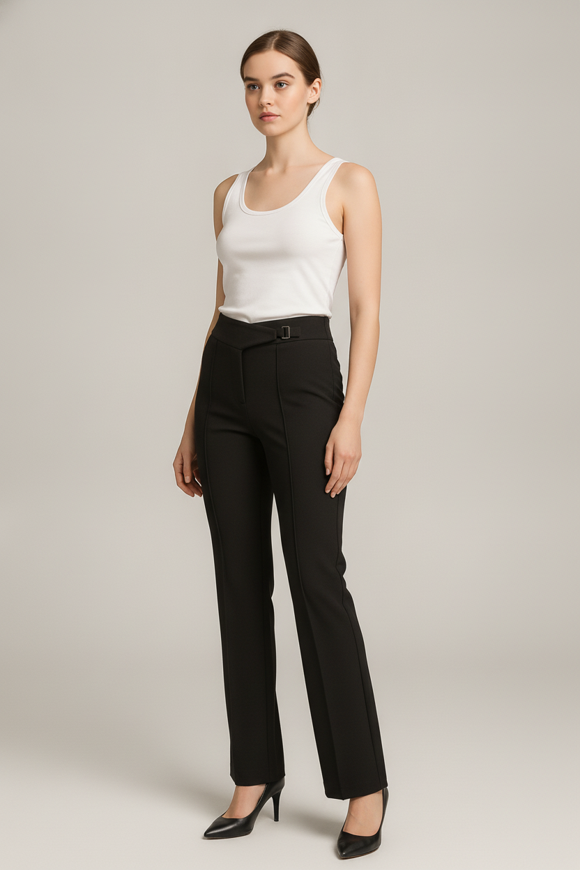 Pantalon Dames met Hoge Taille – Rechte Pijp met Gesp — Isaline – Zwart – vooraanzicht