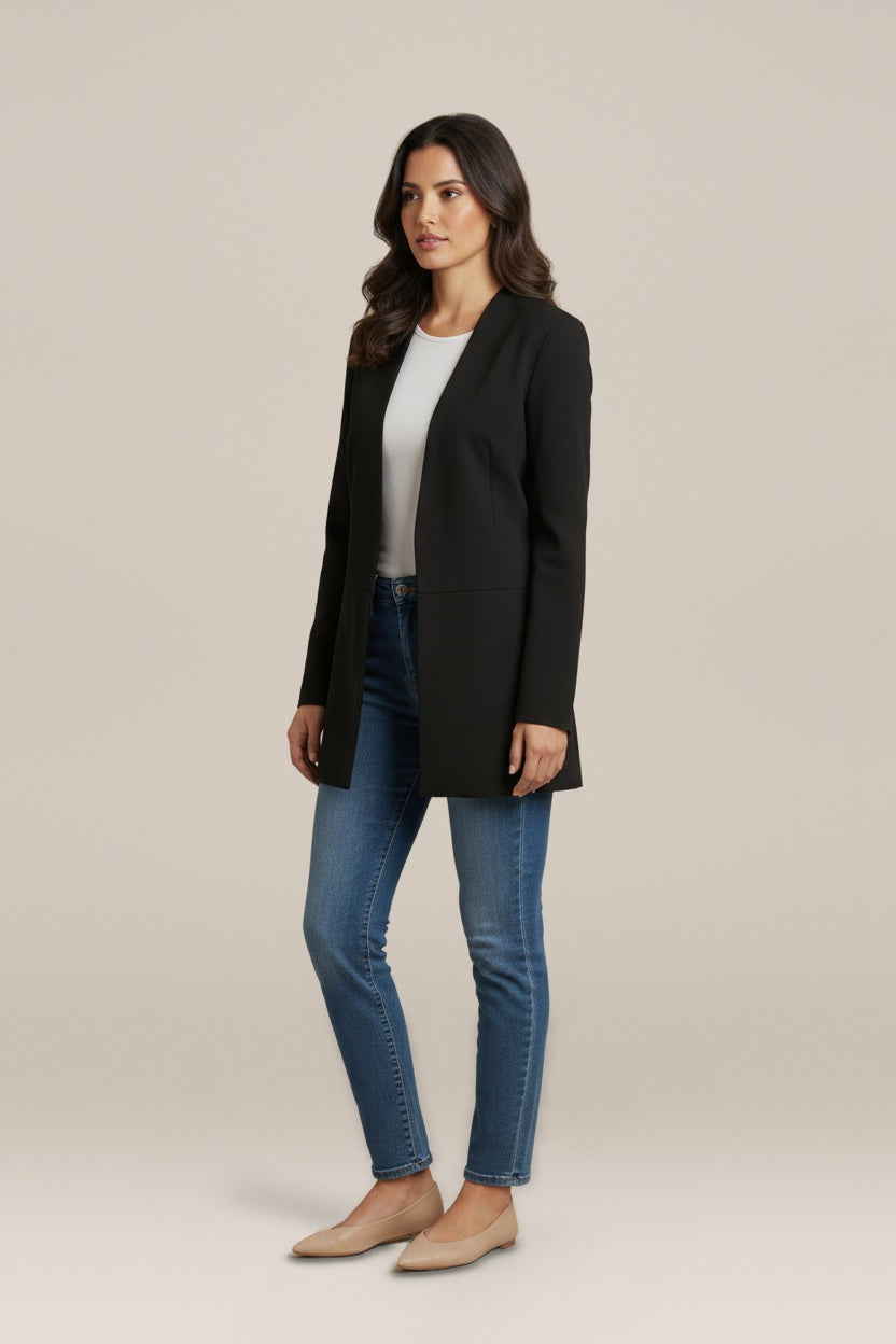 Blazer Dames Open Model – Lange Getailleerde Colbert — Clarisse – Zwart – vooraanzicht