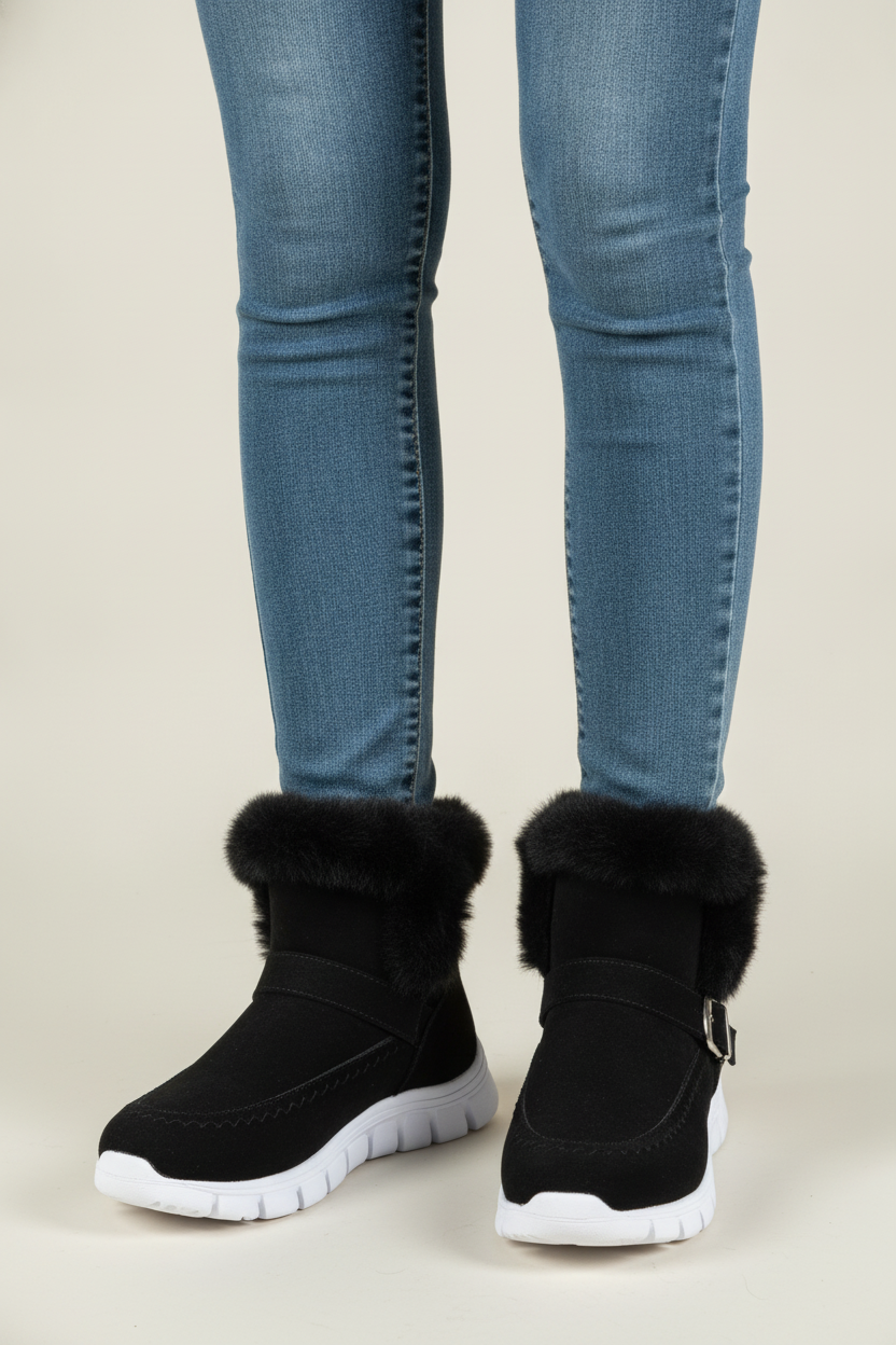Gevoerde Snowboots Dames met Gesp – Imitatiebont Kraag — Saga – Zwart – vooraanzicht