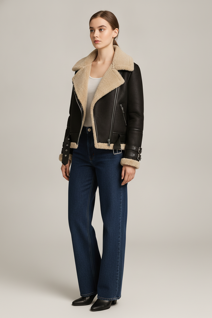 Aviator Jas Dames met Imitatiebont Kraag – Suèdelook — Astrid – Zwart – vooraanzicht