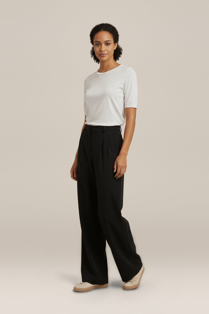 Pantalon Dames met Wijde Pijp – Hoge Taille en Plooien — Mirthe – Zwart – vooraanzicht