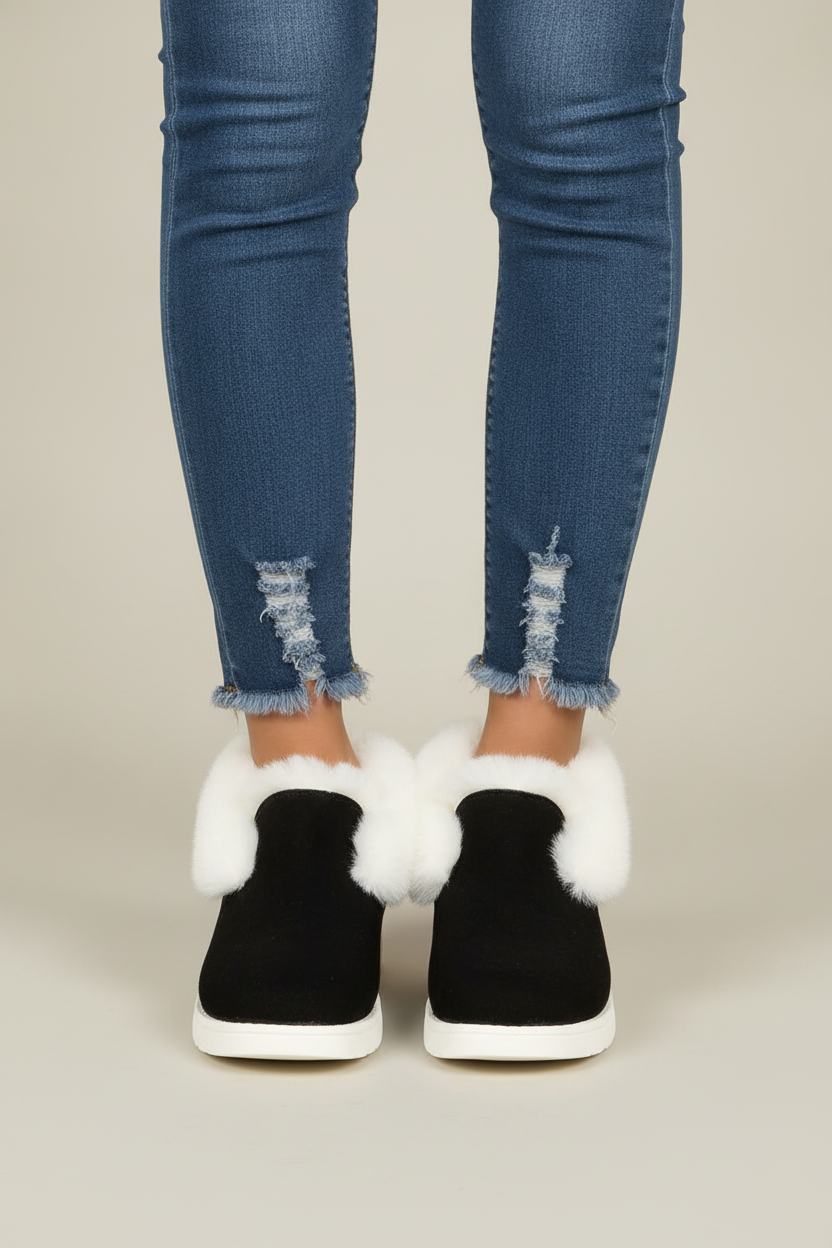 Gevoerde Instapboots Dames – Pluizige Rand en Suèdelook — Liva – Zwart – vooraanzicht
