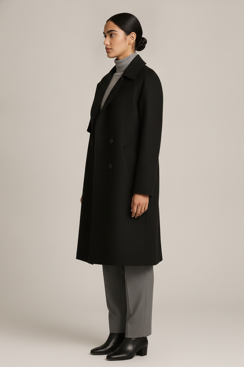 Halflange Trenchcoat — Dalia – Zwart – zijaanzicht