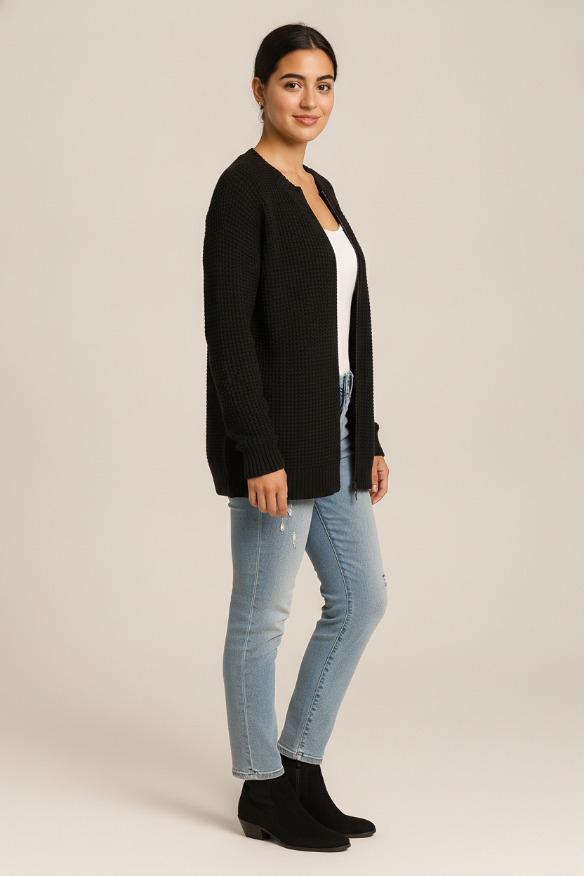 Gebreid Vest Dames met Rits – Cardigan met Ronde Hals — Solenne – Zwart – zijaanzicht