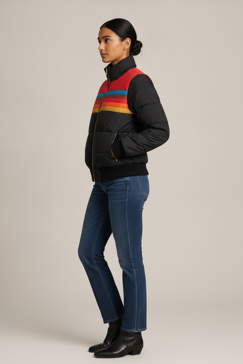 Gewatteerde Jas Dames met Capuchon – Retro Strepen Jack — Farah – Zwart – zijaanzicht