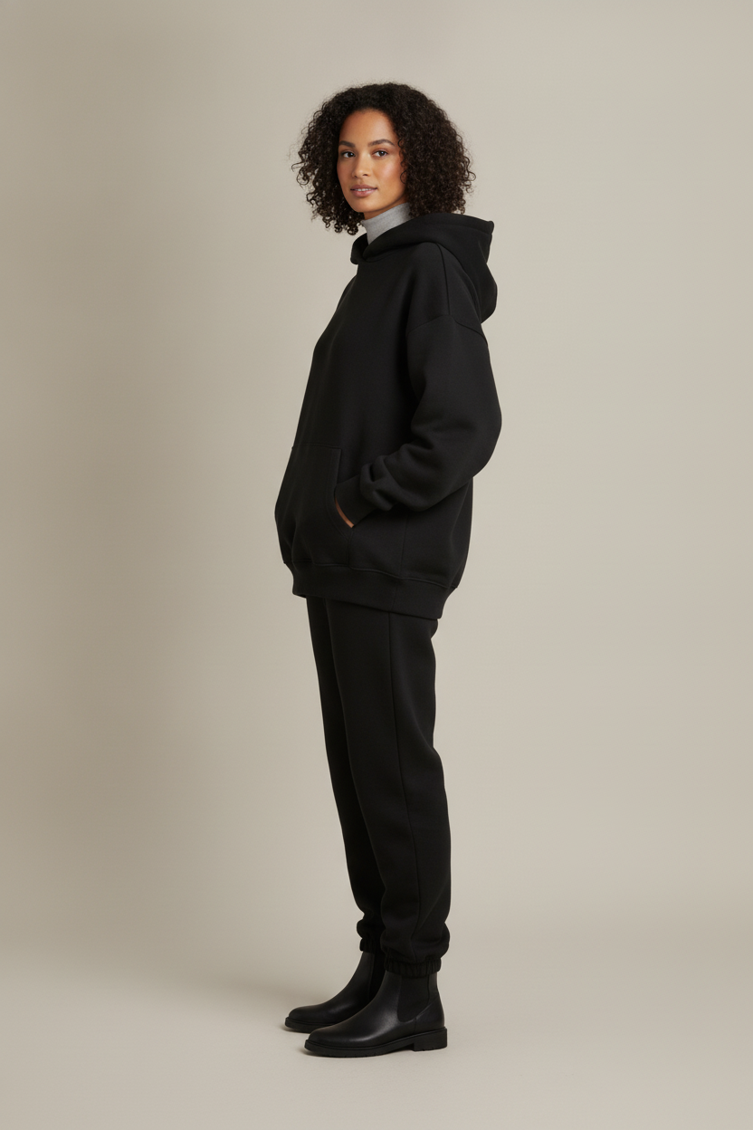 Joggingpak Dames Oversized met Hoodie – Tweedelig Huispak — Marcela – Zwart – zijaanzicht