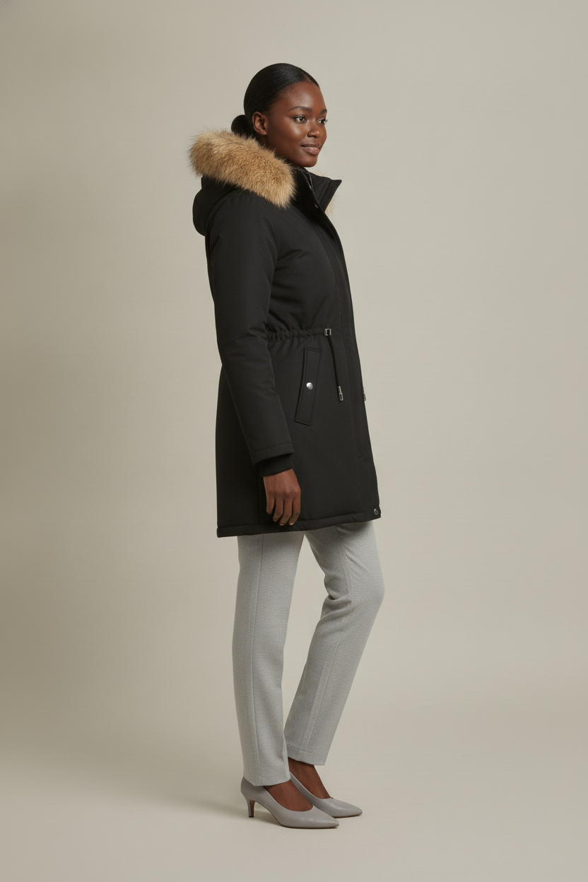 Parka Dames met Bontcapuchon – Gevoerde Winterjas — Alessia – Zwart – zijaanzicht